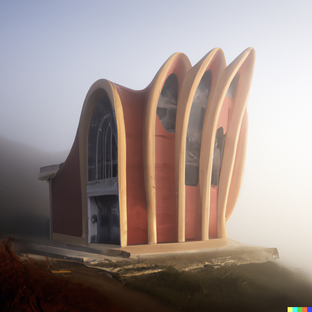 A futuristic and dreamy architecture in clay in the fog